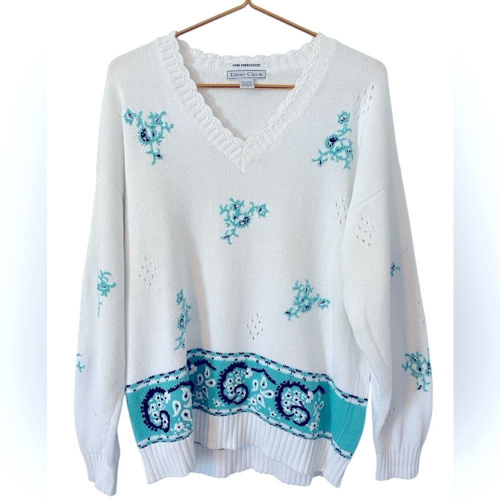 Hand Embroidered‎ Vintage Izod Club 100% Cotton Knit Sweater, Woman’s Size XL